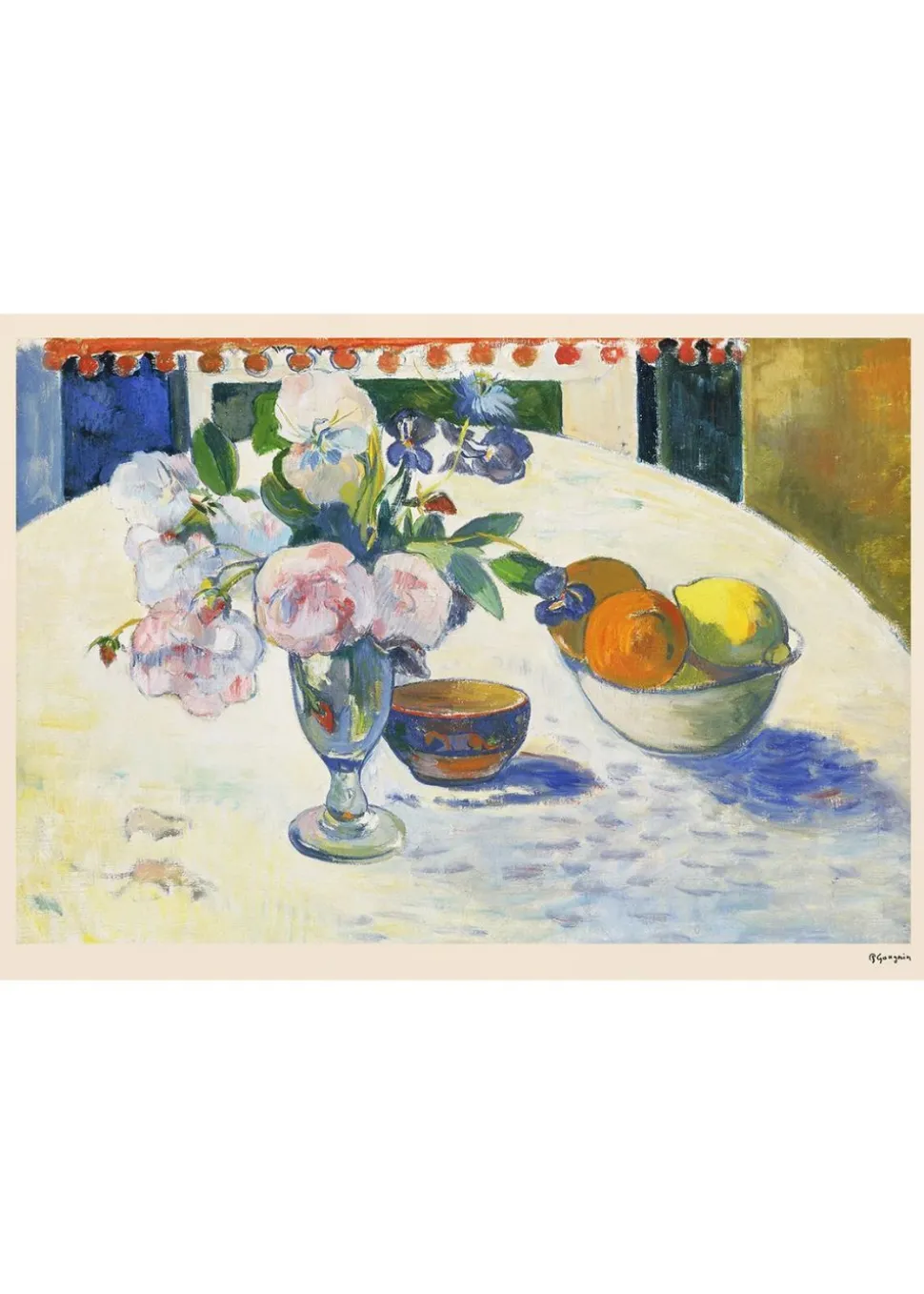 Flowers and a Bowl of Fruit on a Table